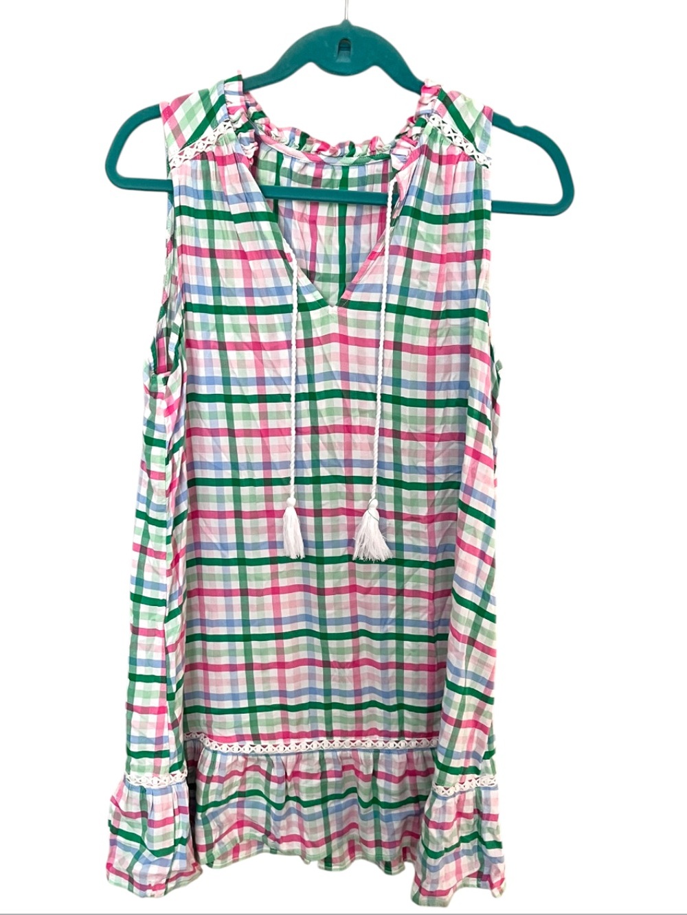 Crown and Ivy Colorful Plaid tassel dress